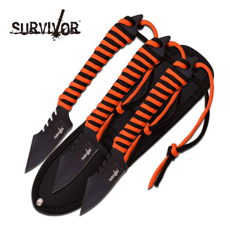 Survivor 7.5" 3 Fixed Blades with Orange and Black Paracord - Tophatter's Army Products & Self Defense Collectible Weapons - Tophatter Daily Deals